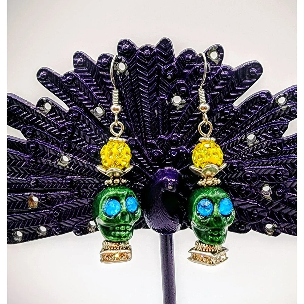 Dark green Skull Day of the Dead Dia de Muertos Dangle Earrings Halloween  Women